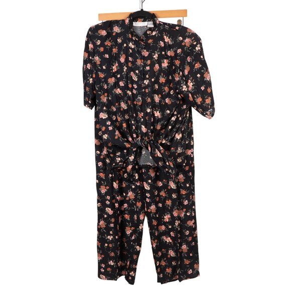 Feruccio VTG Outfit M Women Floral Button Up Tie Shirt Elastic Waist Pants Black - Picture 1 of 7